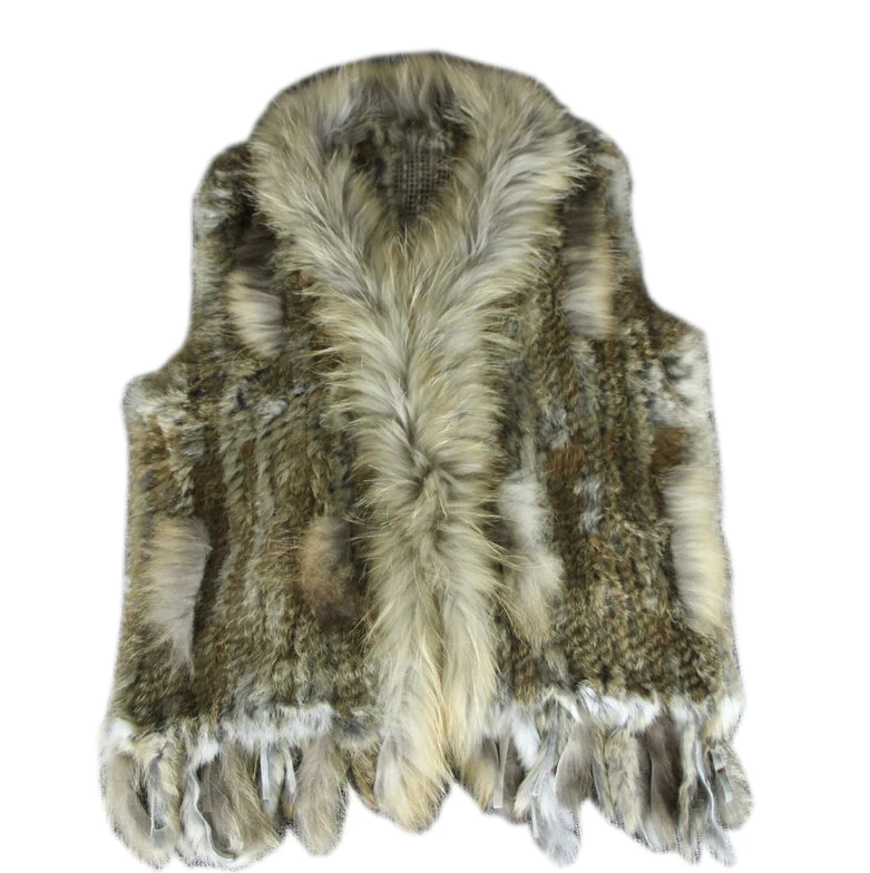 

New Real ladies Genuine Knitted Rabbit Fur Vest With Raccoon Fur Trimming Waistcoat Winter Fur Jacket harppihop fur