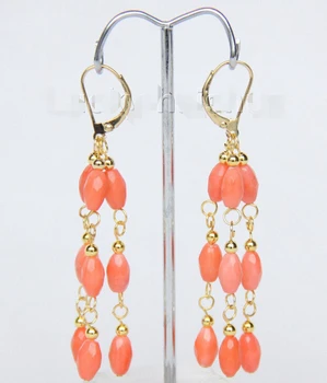 

> Dangle Genuine carven pink coral earrings gold j9386