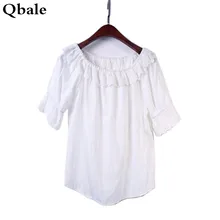 Qbale White t shirt Women tshirts cotton 2017 Summer tops Mori girl Embroidery Lace Hem Ruffle off the shoulder tops for women