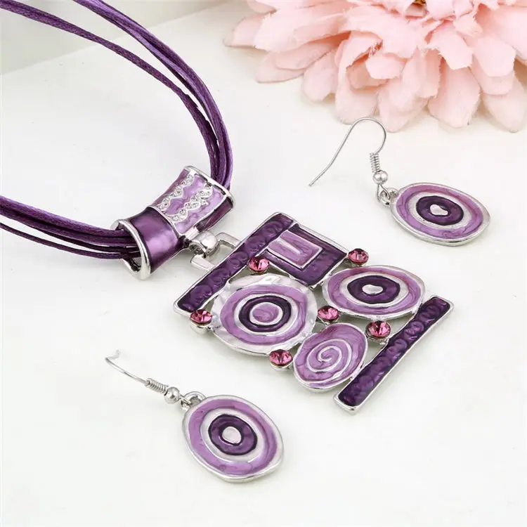 

Hesiod Enamel Silver Color Ethnic Jewelry Sets 4Colors Geometric Pattern Pendant Necklace Multi-layer Leather Chain Necklace Set
