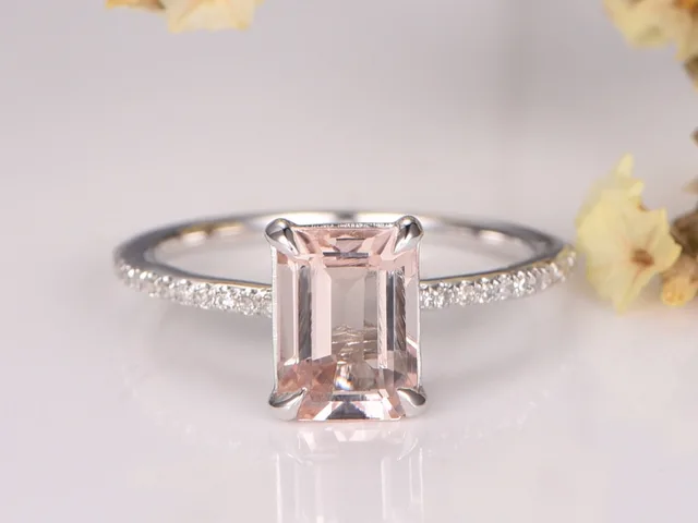 Myray Pink Morganite Engagement Ring 7x9mm Emerald Cut Stone 14k Myray Pink Morganite Engagement Ring 7x9mm Emerald Cut Stone 14k White Gold Diamond