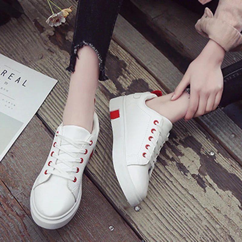 

Fashion Sneakers Casual Women Shoes Lace Up White Leather Female Shoes Breathable Confort Shallow Sneakers Flat Sports Shoes