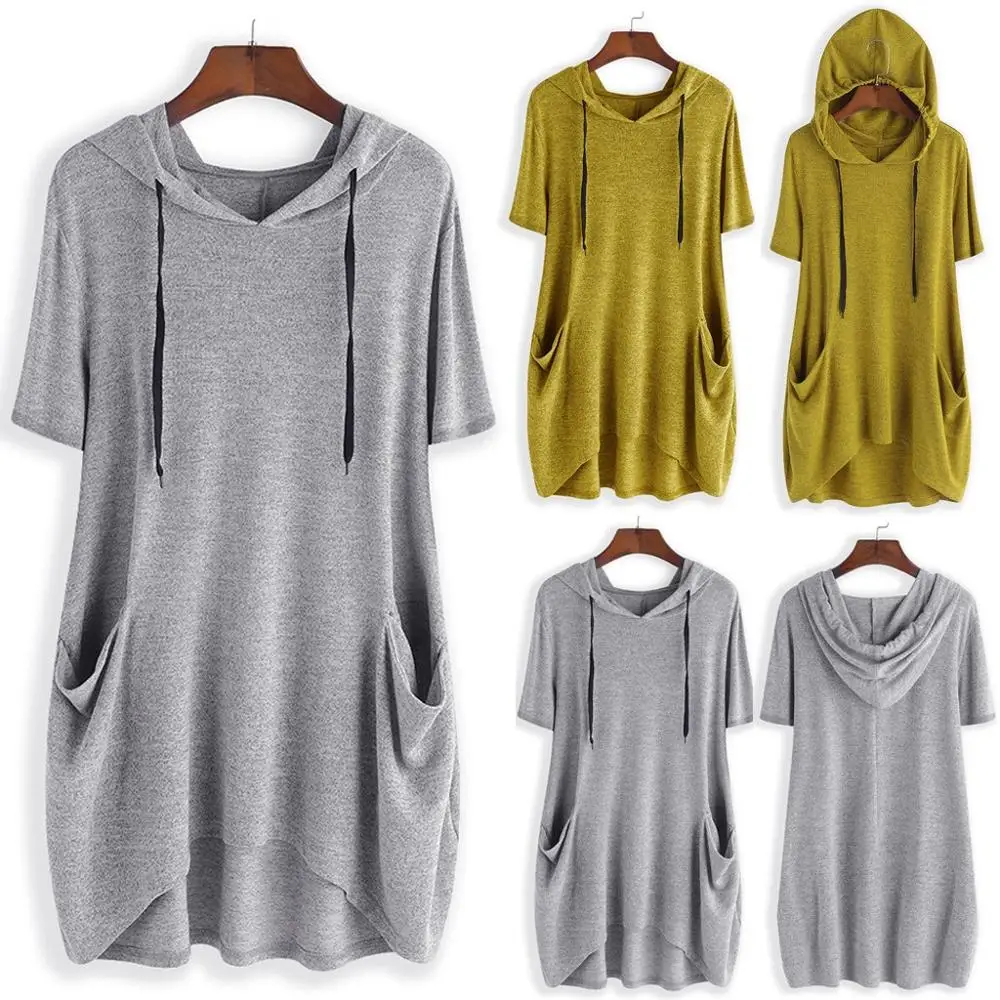 

Women top mujer T-Shirt Casual Solid Color Hooded T-Shirt Pocket Irregular Plus Size 5XL Women Short Sleeve Tee tops femme