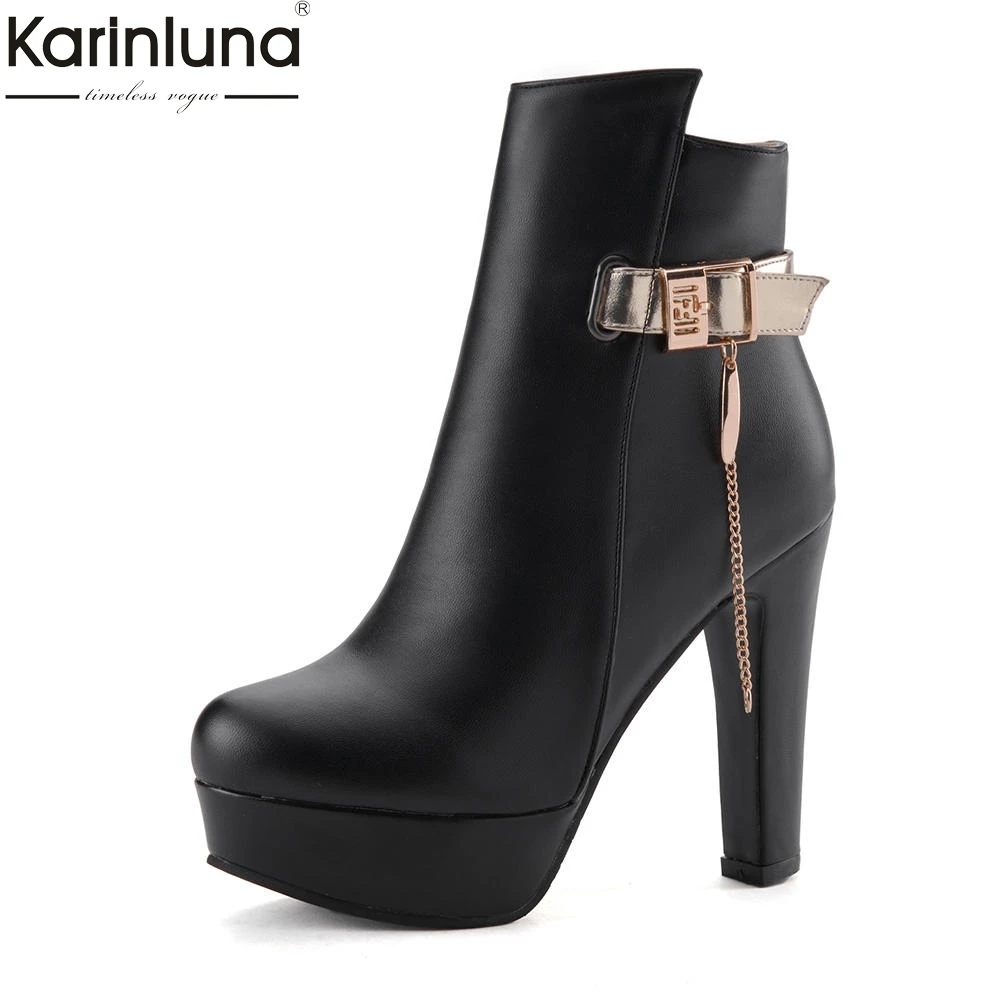 

karinluna 2018 Plus Size 34-50 Platform Ankle Boots Woman Shoes High Heels Zip Up Metal Decoration Shoes Woman Boots Female