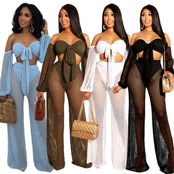 

Sexy Mesh Beach Fishnet 2 Piece Set Women Off Shoulder Crop Top + Wide Leg Pants Hollow Out Two Piece Set Female Club Outfits