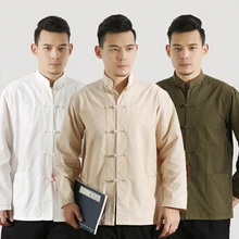 Для мужчин s Китайский Традиционный Тан костюм льняные Топы кунг-фу с длинным рукавом хлопковая блузка рубашка Hanfu форма для кунгфу для мужчин