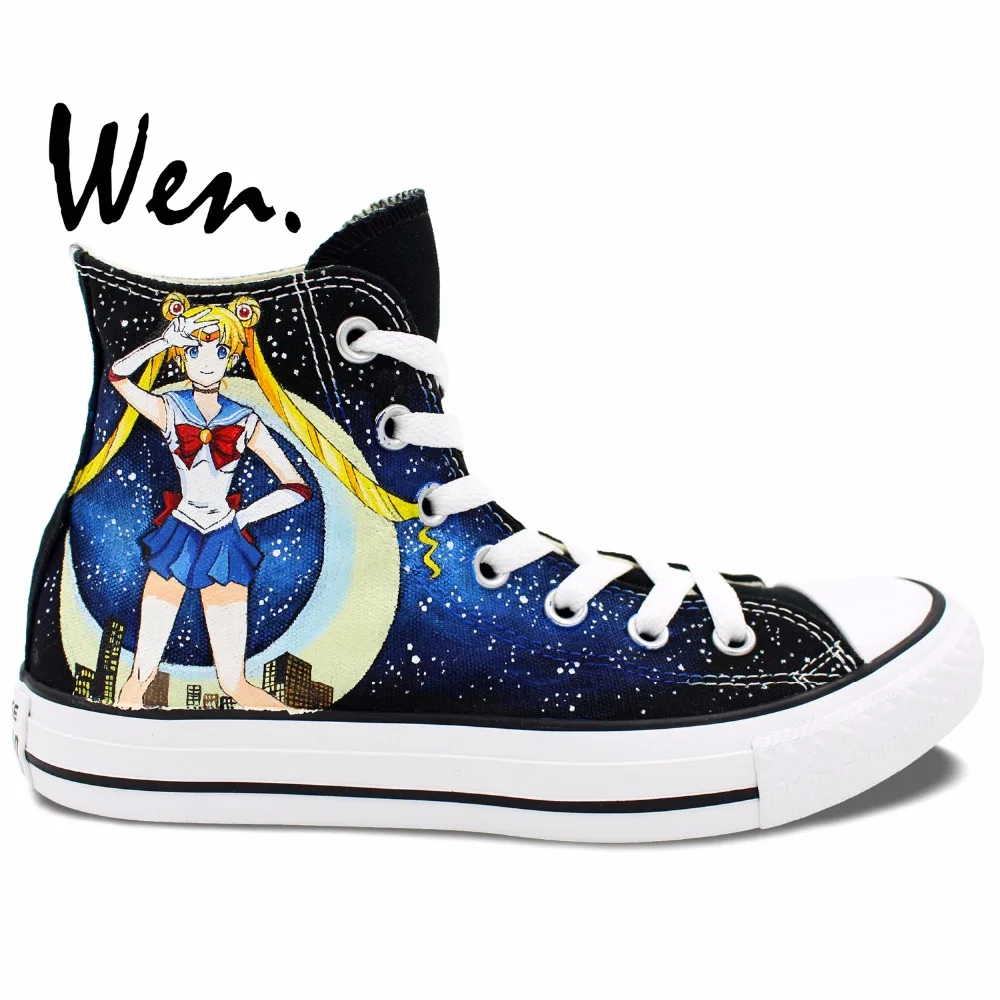 Wen Hand Painted Women's Shoes Design Custom Sailor Moon Black High Top Man Woman's Canvas Sneakers for Christmas Gifts