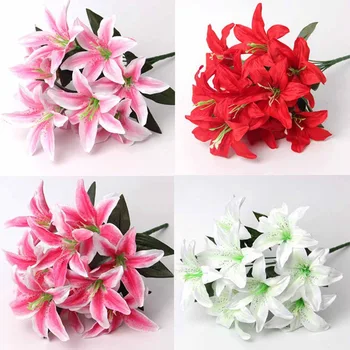 

High Quality 1 Pcs 10 Heads Simulation Touch PVC Artificial Lily Silk Decorative Flower For Wedding Decoration Christmas Gift