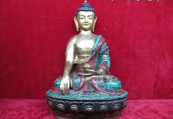 

USPS to USA S0572 Tibet Bronze Copper inlay turquoise Red coral ruby beryl Sakyamuni Buddha Statue