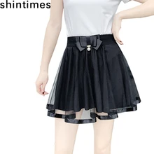 Shintimes/весна-осень Faldas Mujer Moda, корейская мода, Тюлевая юбка, Женская эластичная юбка с высокой талией, черная плиссированная юбка с бантом