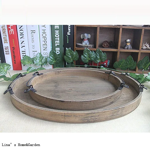 Set 2 Handcrafted Shabby Aged Finish Oval Wood Serving Tray with Scrolled Metal Handles (4)