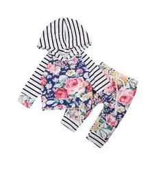 2017 Одежда для малышей комплект с цветочным рисунком для маленьких девочек комплект осень хлопок с длинным рукавом Куртка с капюшоном +