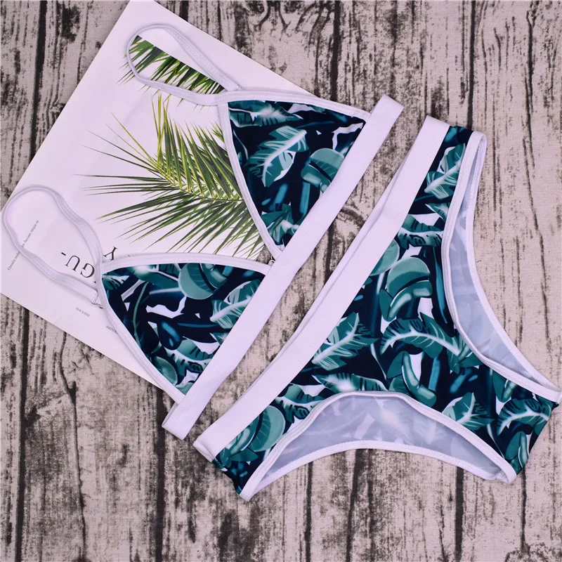 New style flower pattern green leaf women bikini adjustable strap swimsuit Brazilian bathing suit padded swimwear