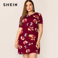 SHEIN, платье размера плюс, бордовое, круглый вырез, цветочный принт,, женское летнее Повседневное платье, туника, прямое, короткий, обычный рукав, Dreeses