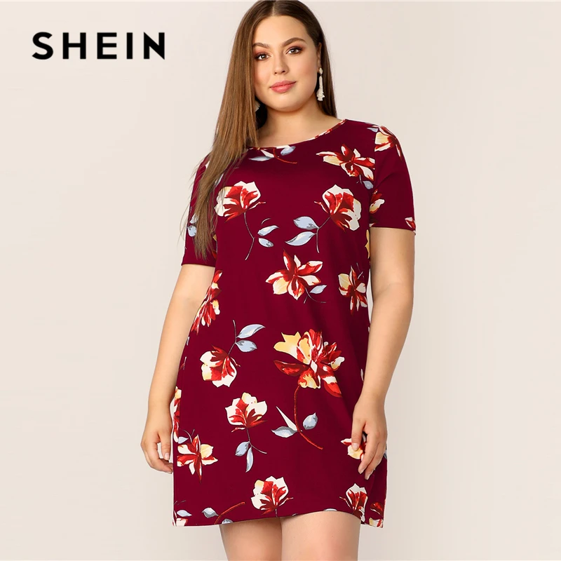 

SHEIN Plus Size Burgundy Round Neck Floral Print Dress 2019 Women Summer Casual Tunic Straight Short Regular Sleeve Dreeses