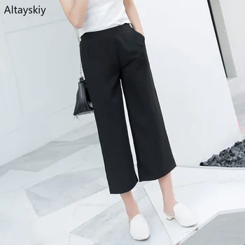 

Pants Women 2020 Spring and Summer Leisure High Waist All-match Black Womens Pockets Solid Calf-Length Trousers Female Daily