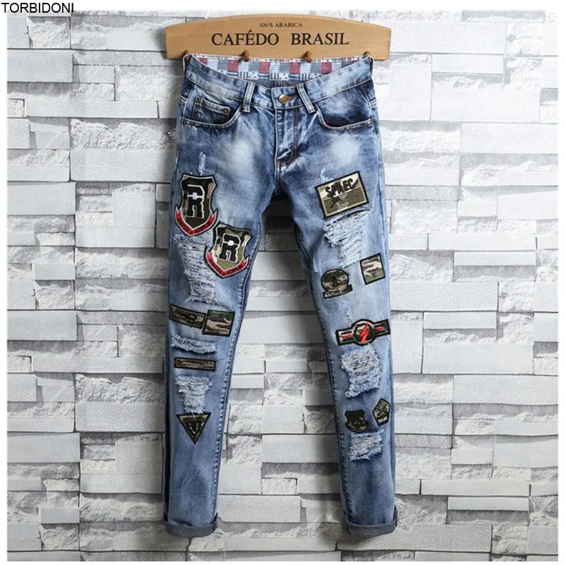 Harajuku Embroidery Denim Jeans Mens Patchwork Jeans Casual Biker Slim