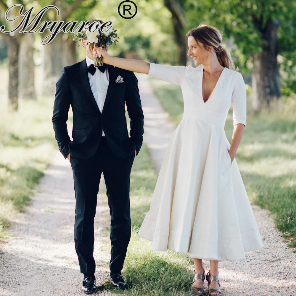 

Mryarce Simple Elegant Short Wedding Dress Plunging V Neck Crepe Tea Length Dresses With Pockets Manivet Bridal Gowns