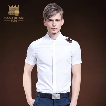 

FANZHUAN 2017 Summer Men's Short Sleeve Shirt Chinese Style Embroidery Stand Slim Fit Dress White Shirt Solid Clothing Tops