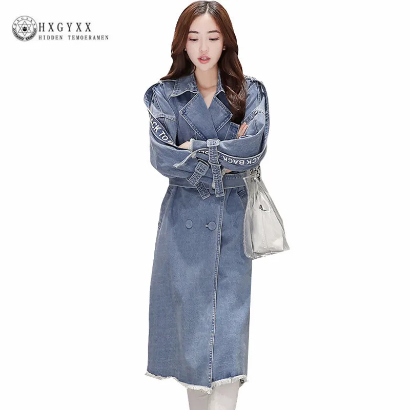 

2019 Autumn Winter Outerwear & Coats Denim Women Trench Coat Female With Belt Vintage Double Breasted Jeans Windbreaker OKD122