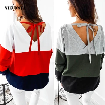 

VIEUNSTA Sexy Backless Bandage Lace-up Sweatshirts Women Autumn Patchwork Pullovers Hoodies Casual Long Sleeve Tracksuit Tops
