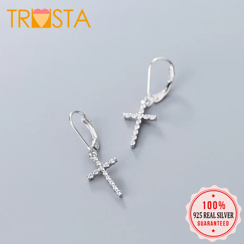 

ElfoPlataSi 2019 100% 925 Solid Real Sterling Silver Dazzling Cross CZ Dangle Earring For Women Girl Christmas Gift ED79