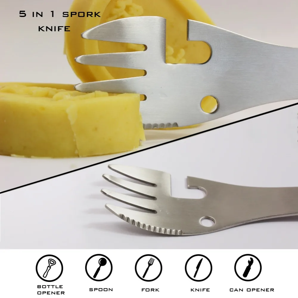 PSKOOK Outdoor Camping Multi -function Spork Utensil Knife Bottle Can Opener Stainless Steel Spoon Fork Travel Tool PSKOOK Outdoor Camping Multi -function Spork Utensil Knife Bottle Can Opener Stainless Steel Spoon Fork Travel Tool