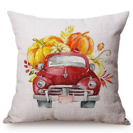 Red Vintage Car Pumpkin Autumn Harvest Thanksgiving Decorative Cushion Cover Watercolor Art Cotton Linen Sofa Throw Pillow Cover K121-8