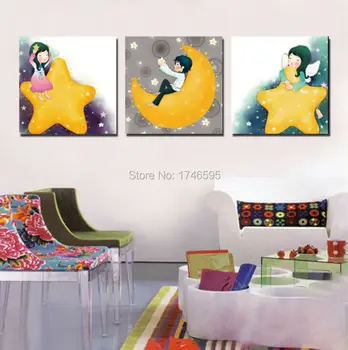 

Big size 3pcs modern home wall art decor children moon star canvas Wall Art picture for kids children wall decor print Painting