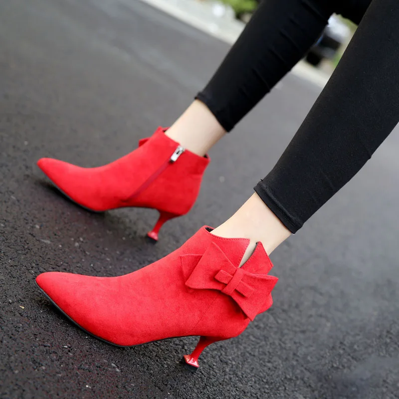 

MoBeiNi Stylish and comfortable bow stiletto pointed short Martin boots high heeled bare boots ankle slip-on riding knot solid