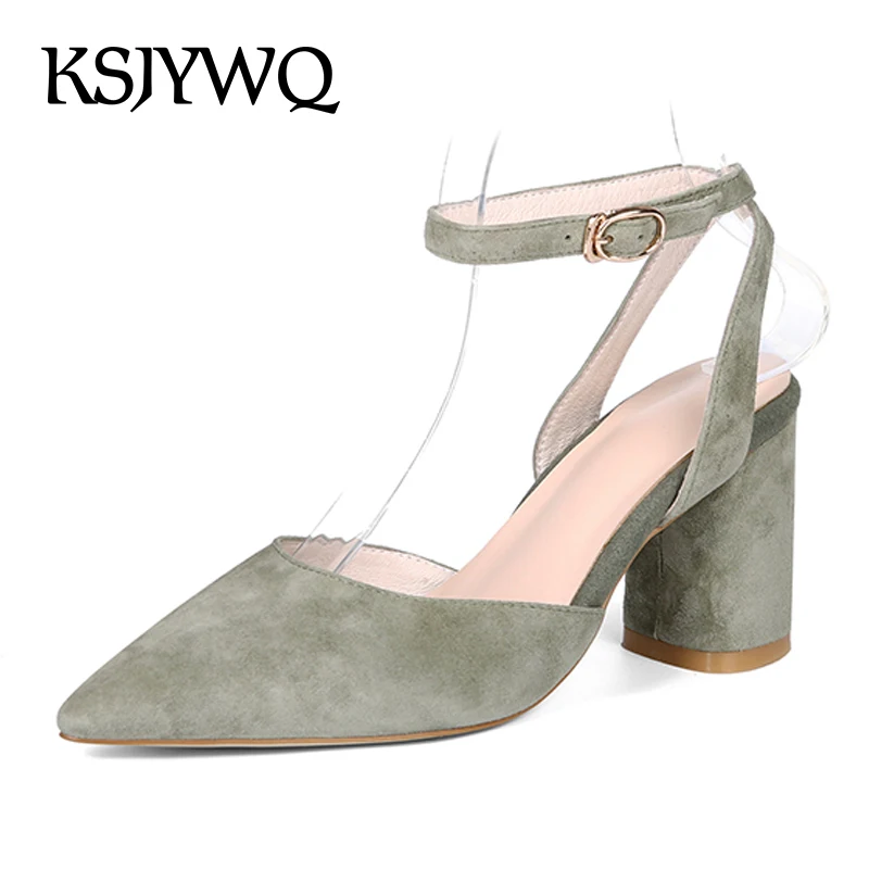 SJYWQ Summer Style Genuine Leather Women Sandals 7 5 CM Chunky Heels Pointed Toe Green Pumps