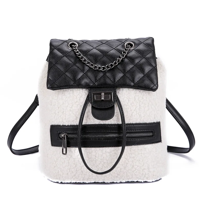

2018 New Women's Shoulder Bag Fashion High Quality Pu Leather Stitching Plush Rhombic Backpack Student Chain Backpack