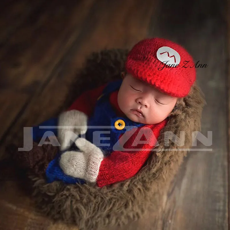 Jane Z Ann Newborn photography props baby photo cotton yarn handmade knitting super Mario clothes hat suit new 2018