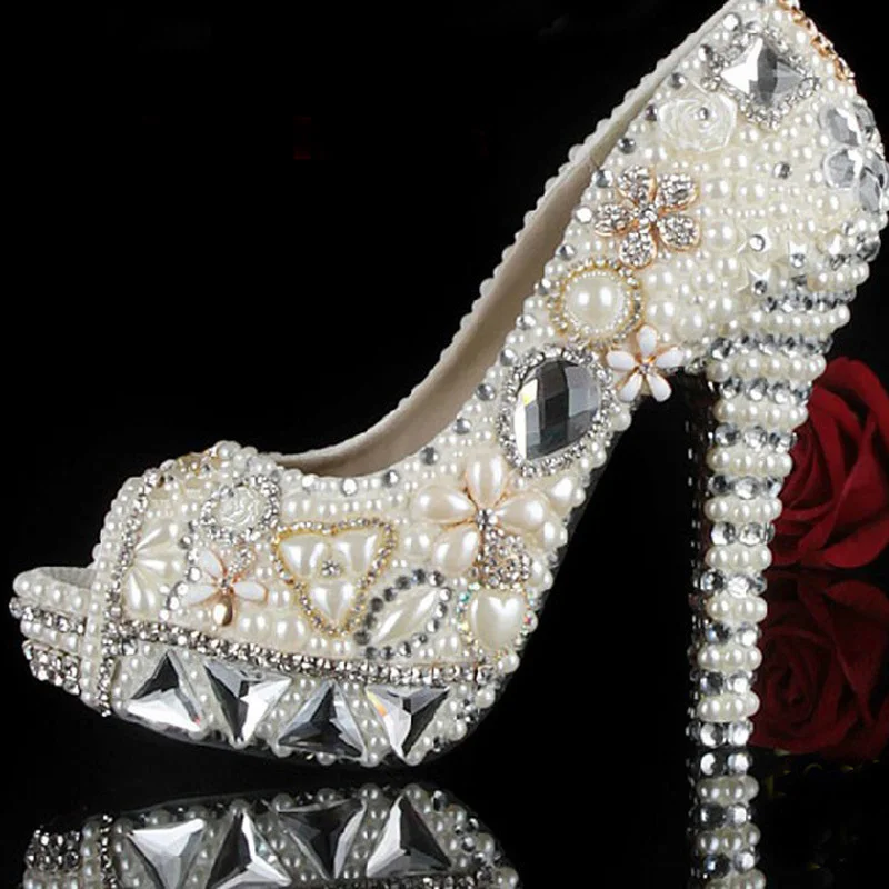 New Arrival Luxurious Pearl Beaded High-heeled Wedding Shoes Bridal Dress Shoes Rhinestone Crystal Diamond Lady Party Shoes