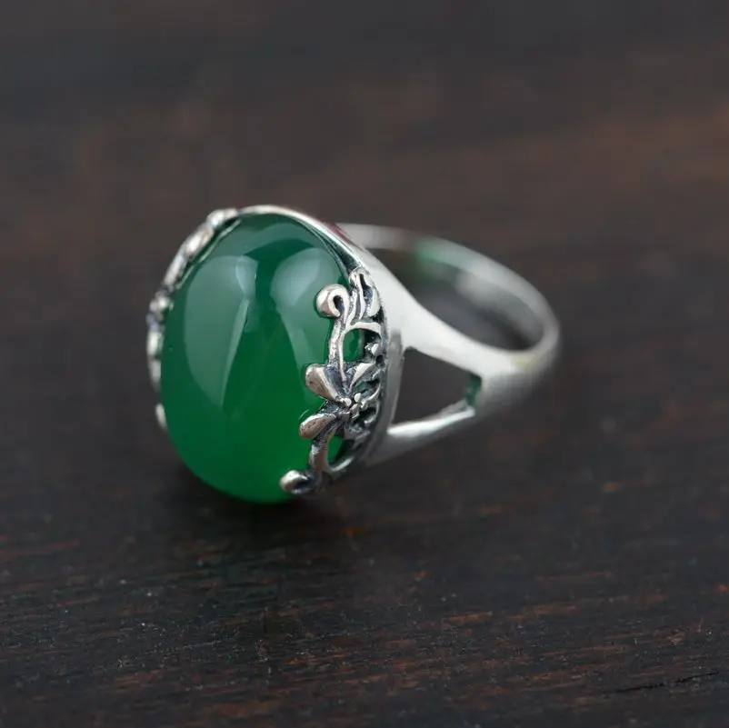 

[silver] silver deer king S925 wholesale natural green chalcedony handmade sterling silver ring style atmosphere