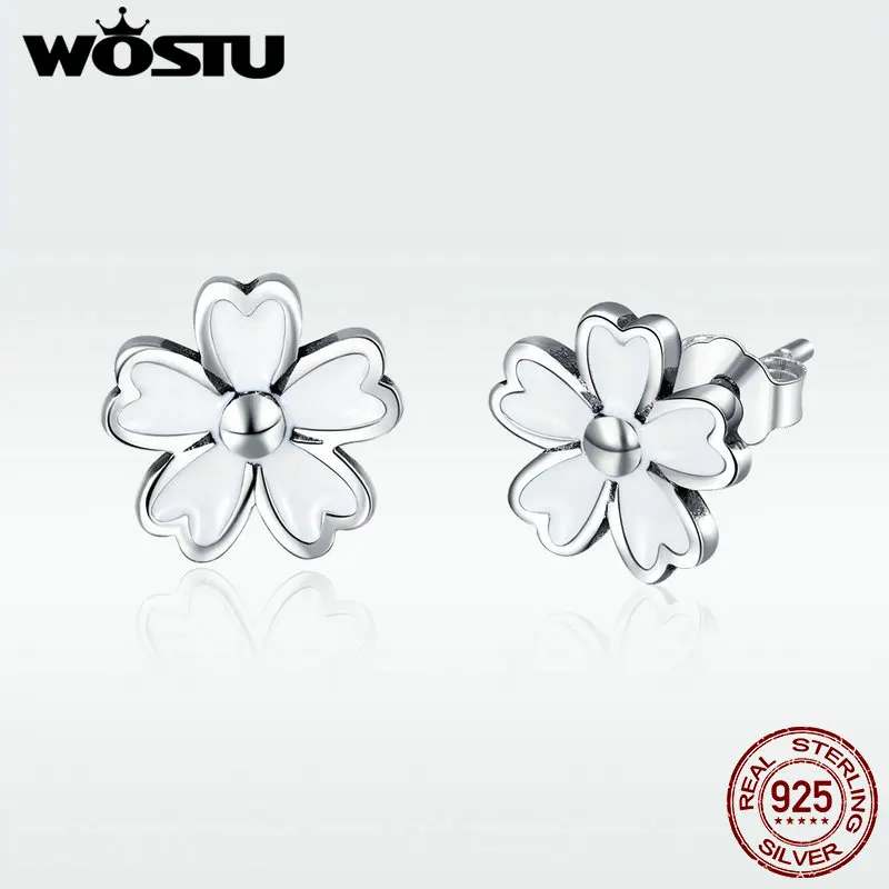 WOSTU Аутентичные 925 пробы серебряные серьги-гвоздики в виде цветка маргаритки для женщин, юбилейные простые серебряные ювелирные изделия с эмалью, подарки DXE418