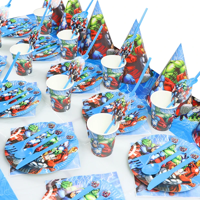 Тематический набор одноразовой посуды в стиле Мстителей, вечерние салфетки с рисунком, баннеры, конфетная коробка для дня рождения, Детские вечерние принадлежности для декора