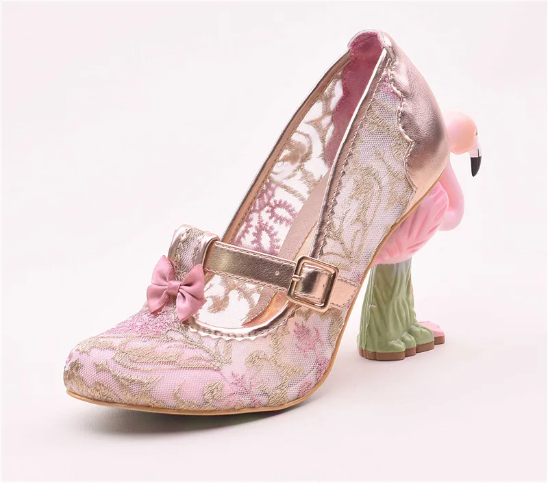 Уникальные свадебные туфли mary jane на каблуке с Фламинго; цвет розовый, зеленый; кружевные туфли с блестками и ремешками; вечерние туфли из сетчатого материала; женские туфли-лодочки - Цвет: Lace Pink