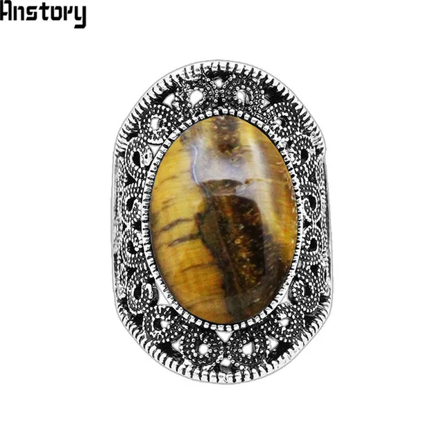 Oval Natural Tiger Eye Stone Rings For Women Vintage Flower Design Antique Silve Oval Natural Tiger Eye Stone Rings For Women Vintage Flower Design Antique Silve