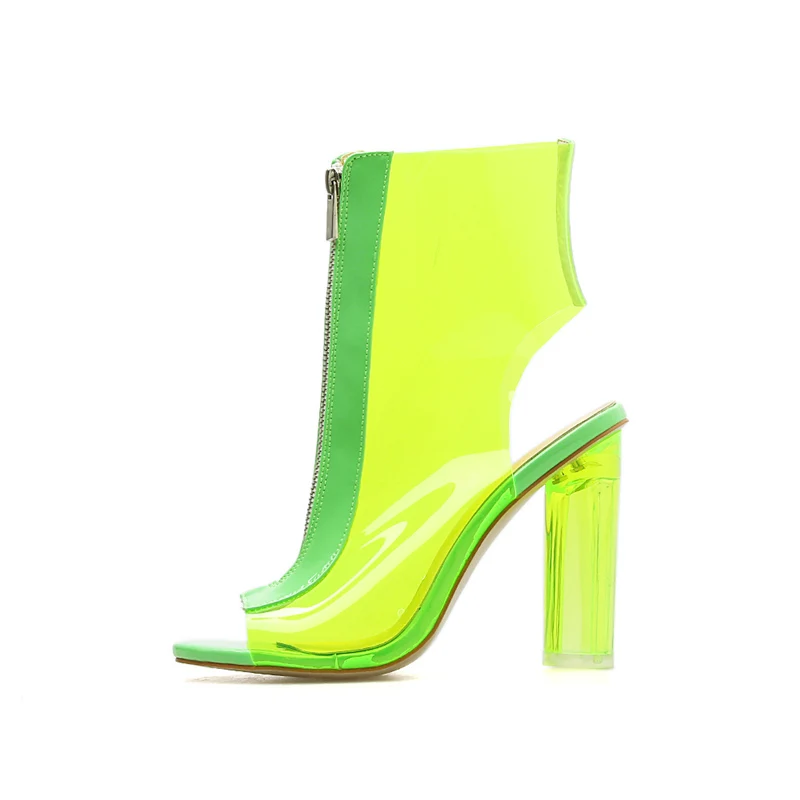 Летние женские босоножки на высоком каблуке 12 см; Фетиш; прозрачная обувь неонового и зеленого цвета; туфли-лодочки из ПВХ на толстом квадратном каблуке с открытым носком