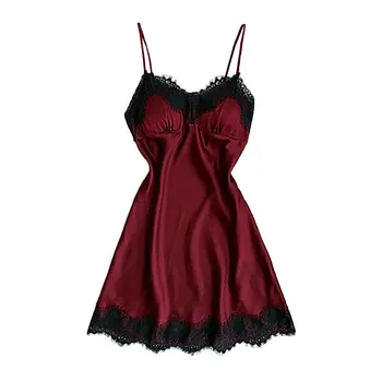 

Women's Sexy Lingerie Silk Nightgown Summer Dress Lace Night Dress Sleepwear Babydoll Nightie Satin Homewear Chest Pad Nightwear