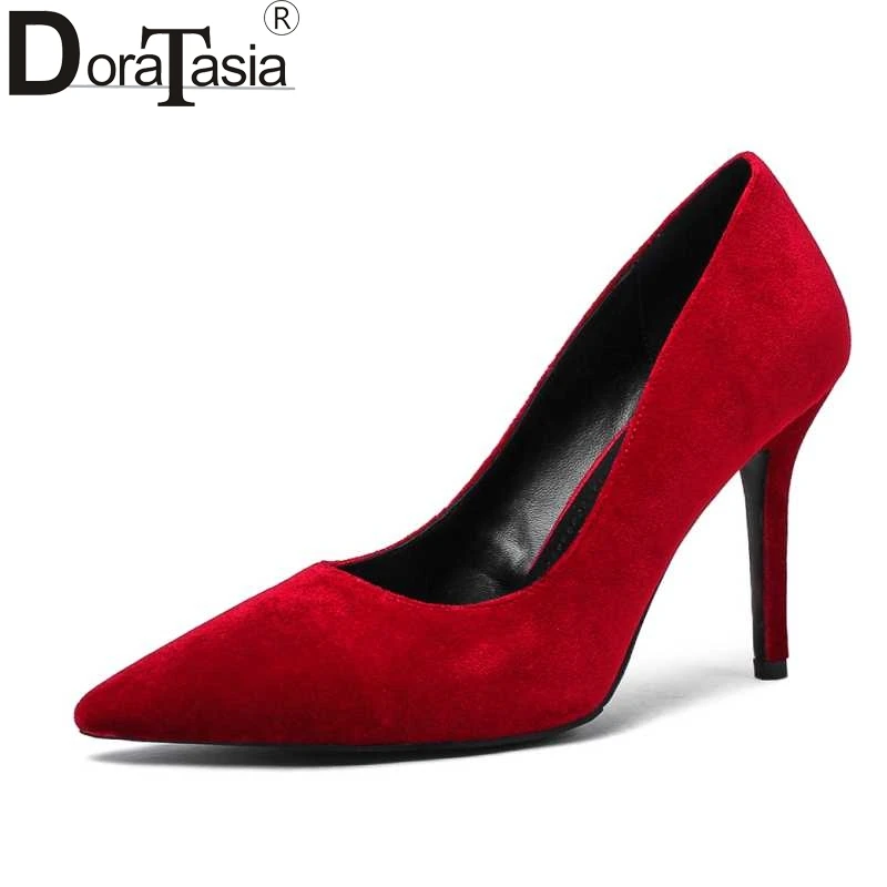 

DoraTasia Size 33-40 Fashion Women Sexy Pointed Toe Thin High Heel Party Wedding Shoes Soft Velvet Less Platform Pumps