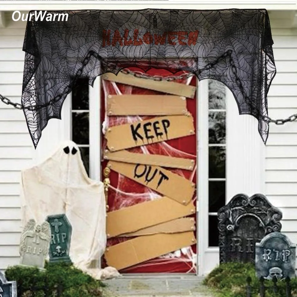 

OurWarm 188cm*90cm Spider Curtain Black Lace Spider Fireplace Scarf Web Ghost Door Festival Fireplace Stove Cloth Home Halloween