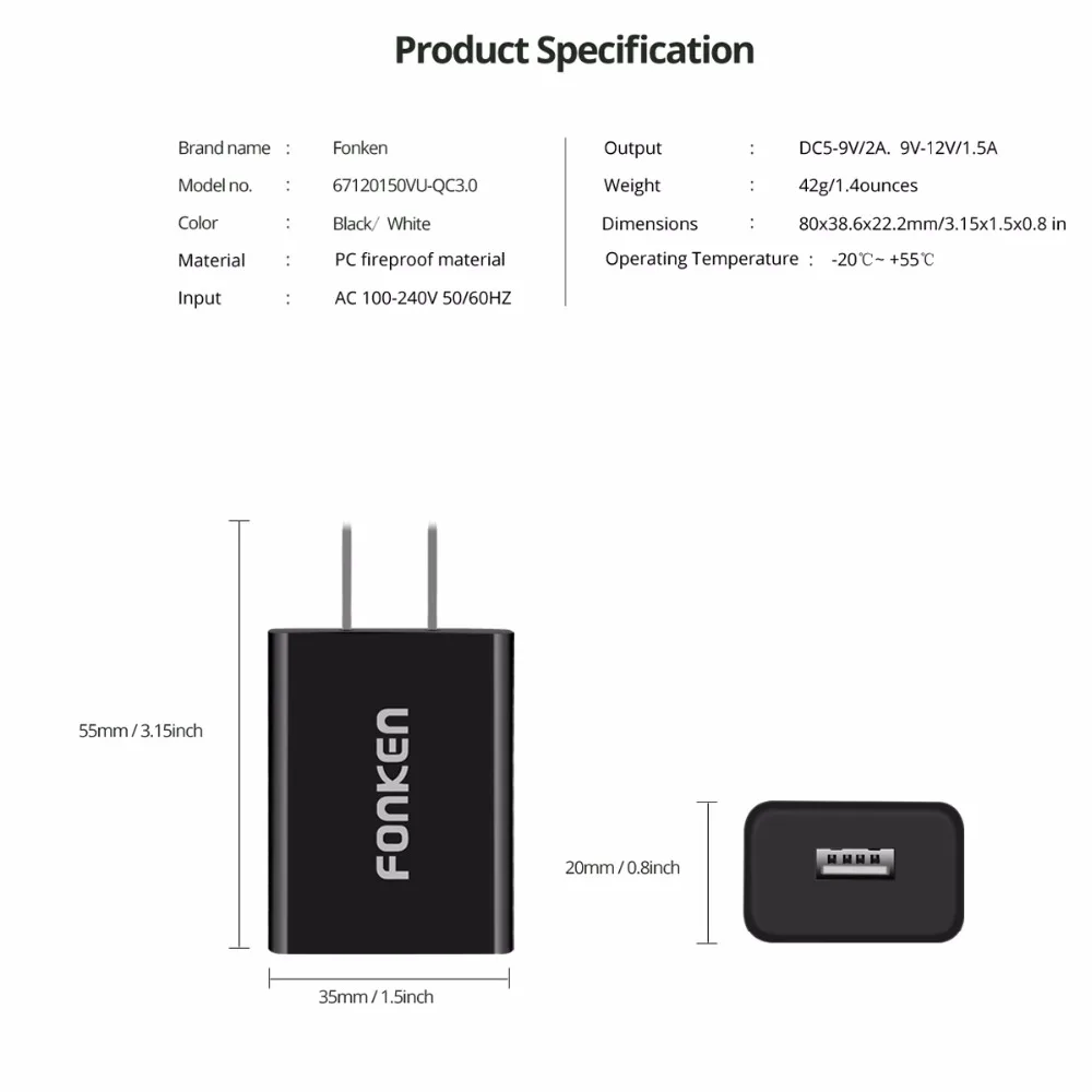 FONKEN QC3.0 USB зарядное устройство для телефона адаптер 18 Вт портативный быстрая зарядка Разъем для смартфона США штекер телефона USB адаптер зарядное устройство для путешествий