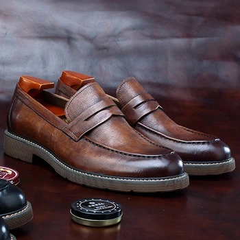 

Classic Round Toe Man Casual Retro Shoes Natural Genuine Leather Slip on Mens Loafers Basic Handcrafted Platform Footwear BGQ183