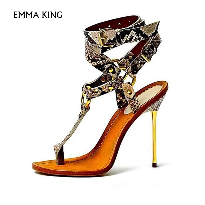 Emma king/пикантные сандалии с Т образным ремешком из змеиной кожи женские модельные