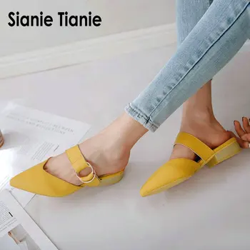 

Sianie Tianie 2020 summer square low heels pointed toe yellow buckle woman outdoor slippers ladies shoes women mules size 46 48