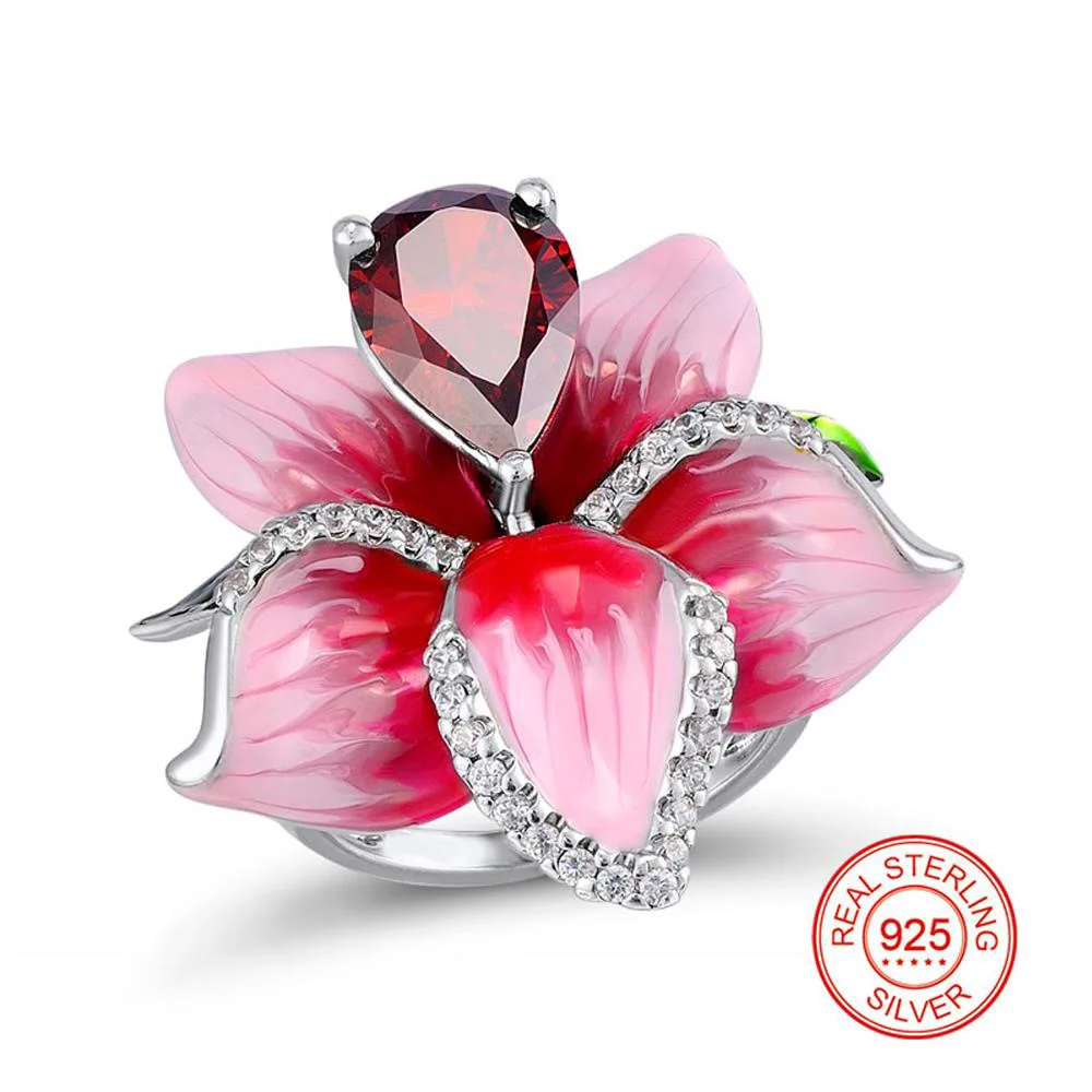 

Original 925 Sterling Silver Pan Red Flower Bling Zircon Stone Plant Rings For Women Gift Fine Diy Jewelry