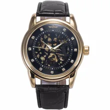WINNER Crystal Rhinestone Analog Automatic Golden Black Skeleton Steampunk Leather Band Mechanical Watches Mens Relogio PMW422