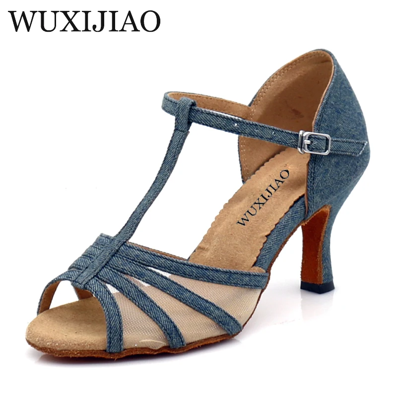 

WUXIJIAO New denim and net Latin dance shoes ladies comfortable professional salsa shoes Cuban heel dance shoes sandals